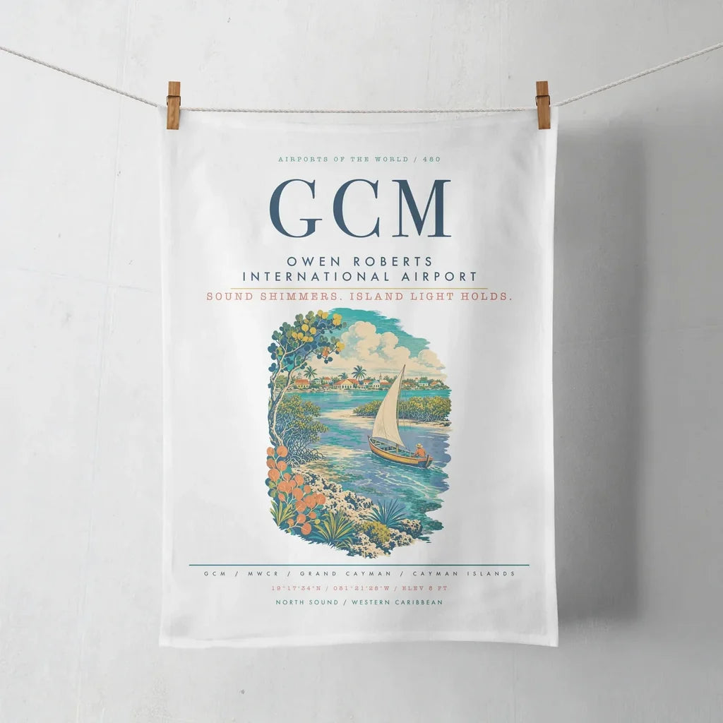 Owen Roberts International Airport (GCM) design on white towel