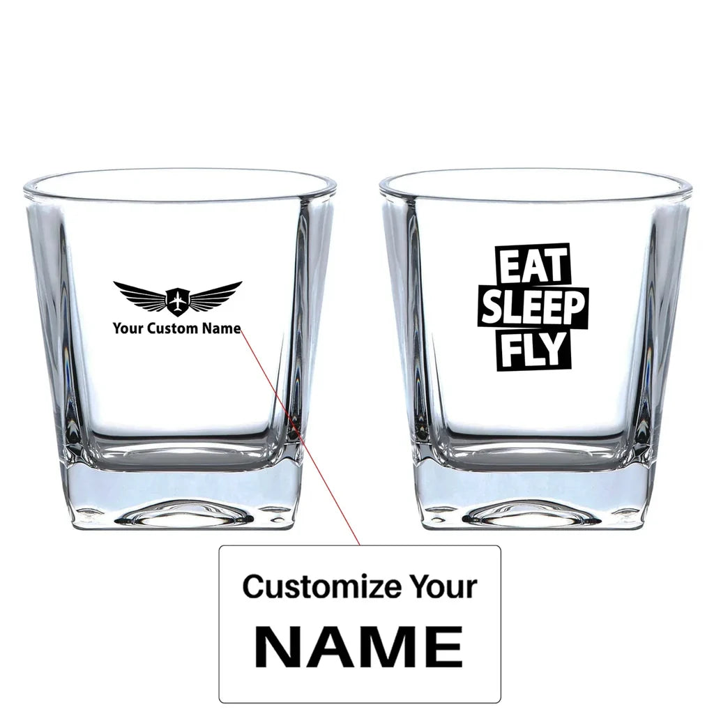 Eat Sleep Fly aviation design on whiskey glass, crystal-clear premium glassware.