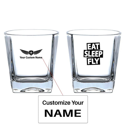 Eat Sleep Fly aviation design on whiskey glass, crystal-clear premium glassware.