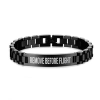 Thumbnail for Remove Before Flight 2 aviation chain bracelet, stainless steel body with engraved detail.