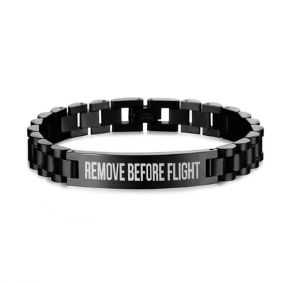 Remove Before Flight 2 aviation chain bracelet, stainless steel body with engraved detail.