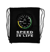 Thumbnail for Speed Is Life aviation design drawstring bag, lightweight polyester construction.