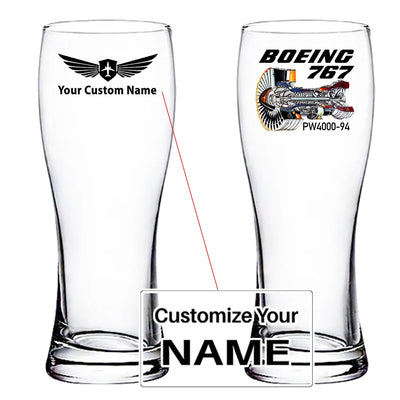 Boeing 767 Engine (PW4000-94) aviation design on pilsner glass, tall pilsner glassware.