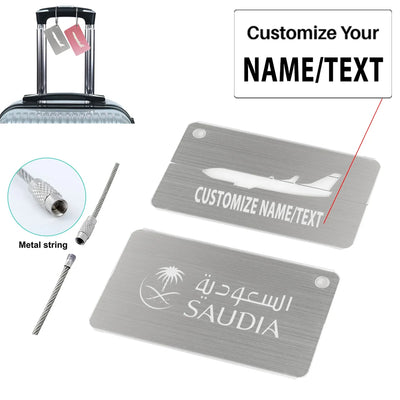 Saudi Arabian Airlines aviation design aluminum airplane luggage tag, aircraft-grade aluminum construction.