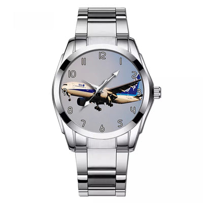 Side view of ANA's Boeing 777 aviation watch with stainless steel band in stainless steel, polished finish.