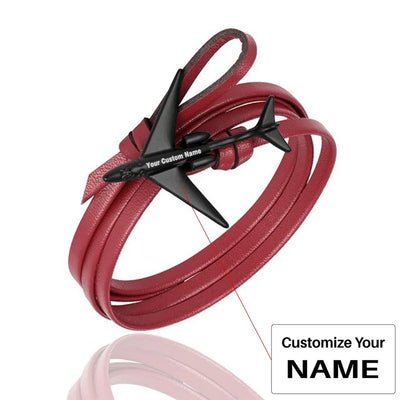 Side view of (Edition 3) - Special Leather Rope Airplane Bracelets Black (Adjustable) aviation bracelet in polished metal, po.