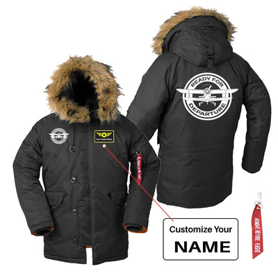 Ready for Departure aviation design printed on heavyweight shell with hooded warmth parka bomber.