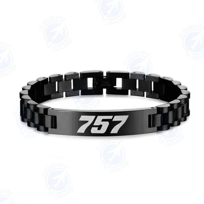 Boeing 757 Flat Text aviation chain bracelet, stainless steel body with engraved detail.