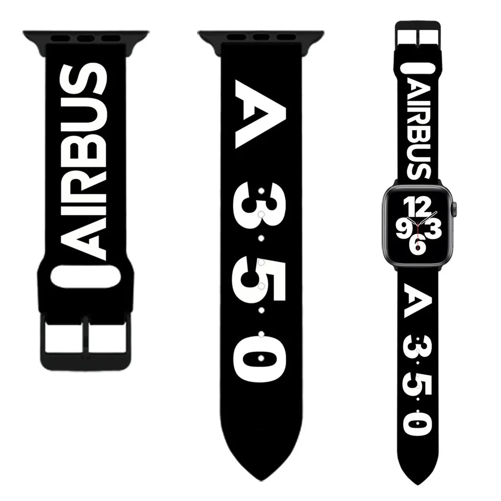 Airbus A350 Flat Text aviation Apple Watch band, soft silicone body with engraved detail.