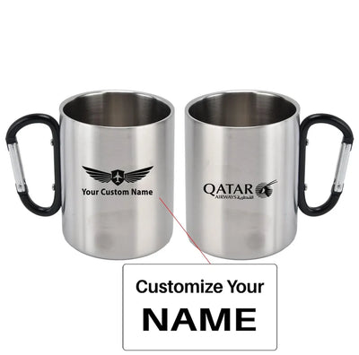 Qatar Airways Airlines aviation design on outdoor mug, durable insulated construction.
