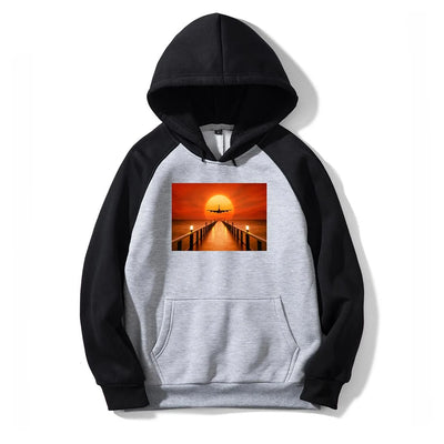 Airbus A380 Towards Sunset aviation design on colourful cotton blend colourful hoodie.