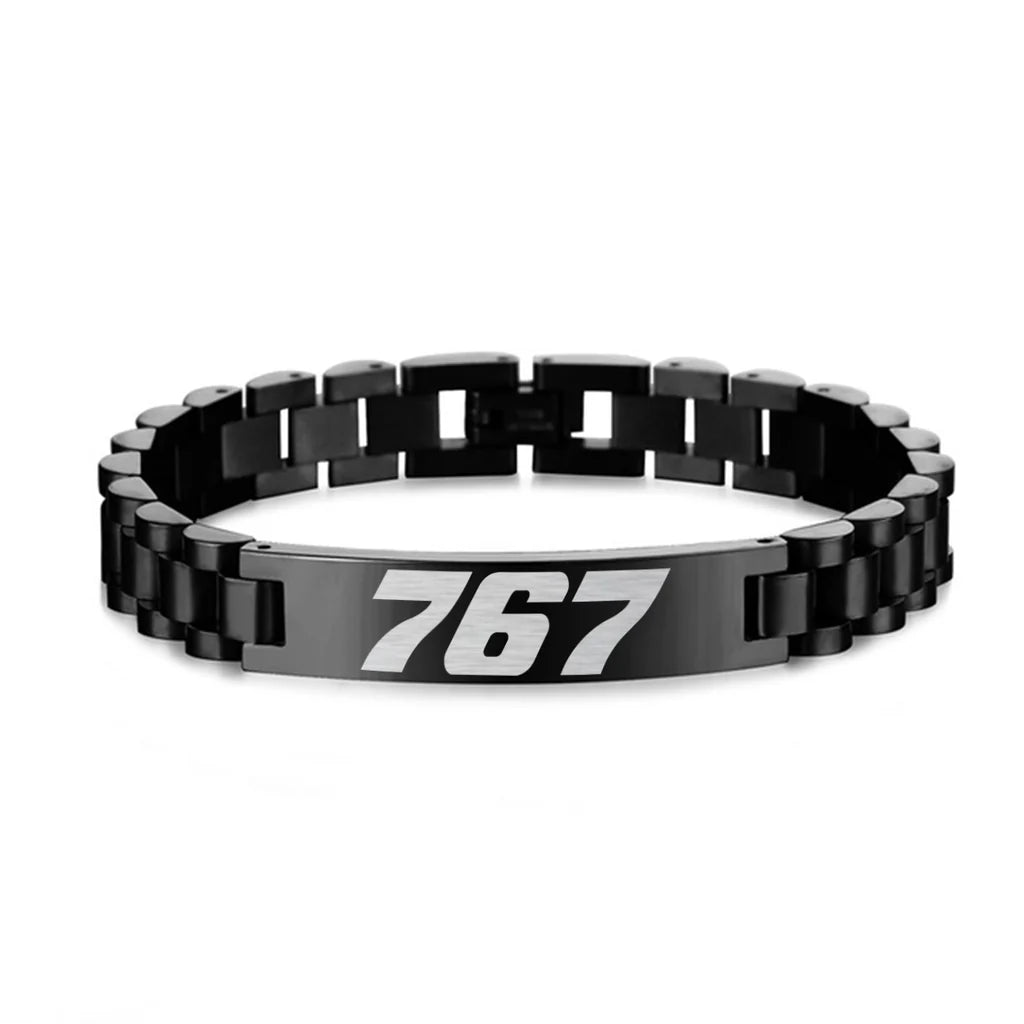 Side view of Boeing 767 Flat Text aviation chain bracelet in stainless steel, polished finish.