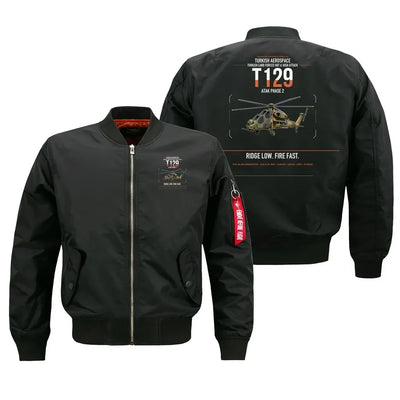 Turkish Aerospace T129 ATAK Phase 2 design on black bomber jacket, double-side print