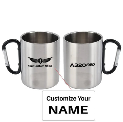 A320neo & Text aviation design on outdoor mug, durable insulated construction.