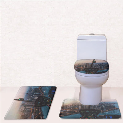 Amazing City View from Helicopter Cockpit Toilet Seat Cover Three-piece aviation print on soft fabric toilet seat cover set.