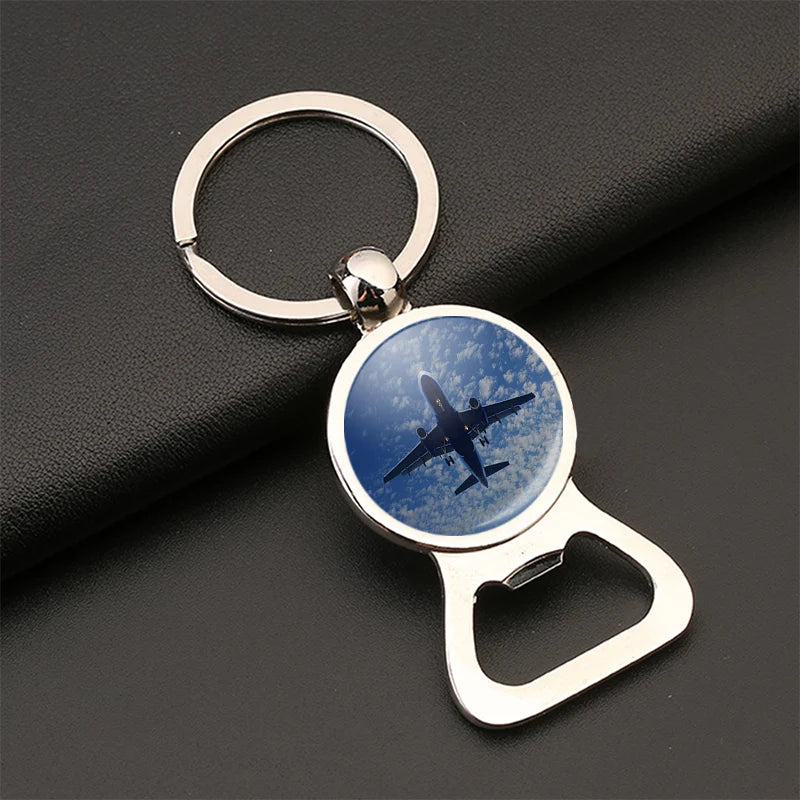 Airplane From Below Bottle Opener aviation design on bottle-opener key chain, durable metal alloy with built-in opener.