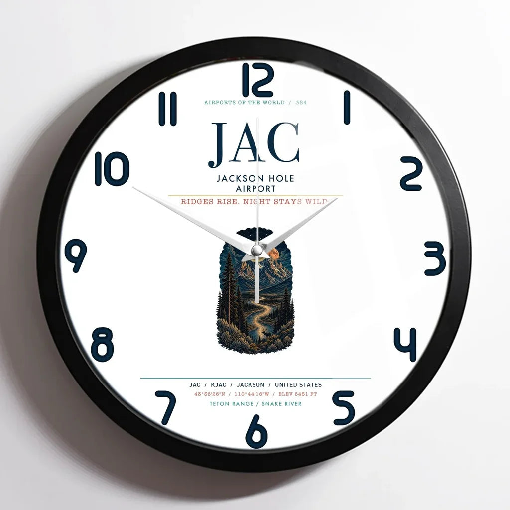 Jackson Hole Airport (JAC) design on white framed wall clock