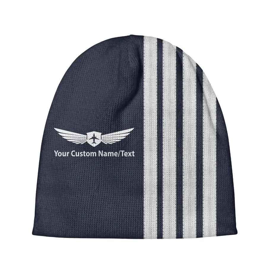 Custom Name & Special Silver Pilot Epaulettes (4 Lines) aviation embroidery on soft knit fabric 3D knit beanie.