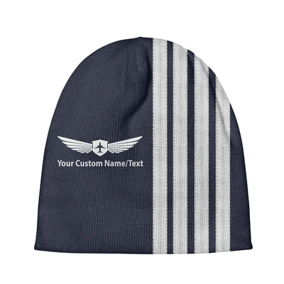 Custom Name & Special Silver Pilot Epaulettes (4 Lines) aviation embroidery on soft knit fabric 3D knit beanie.