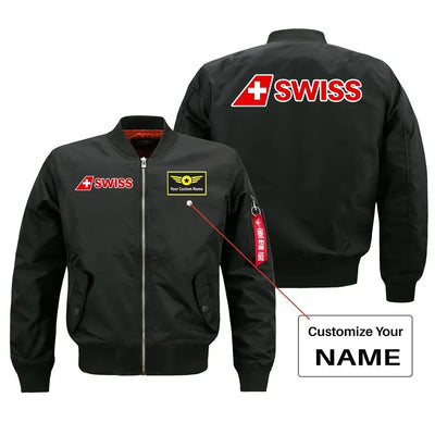 Swiss International Airlines aviation design with custom name embroidered on black bomber jacket