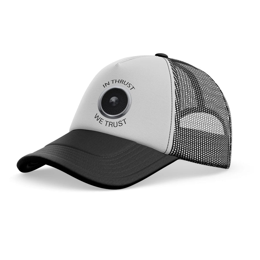 In Thrust We Trust aviation embroidery on mesh-back cotton trucker cap.