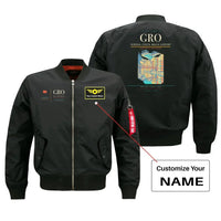 Thumbnail for Girona–Costa Brava Airport (GRO) design on black bomber jacket with custom name patch