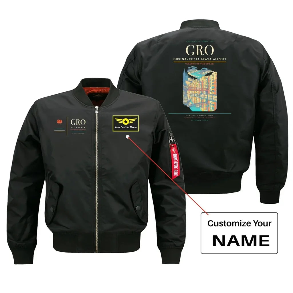 Girona–Costa Brava Airport (GRO) design on black bomber jacket with custom name patch