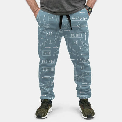 Jet Planes & Airport Signs aviation design on soft cotton blend 3D-printed sweatpants.