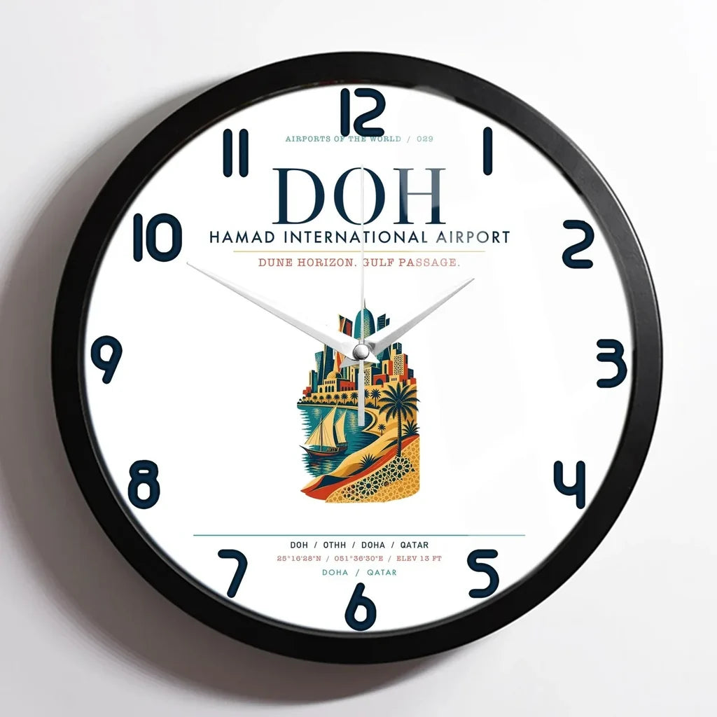 Doha Hamad International Airport (DOH) design on white framed wall clock