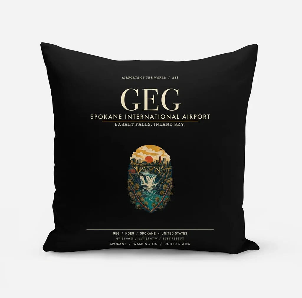 Spokane International Airport (GEG) design on black pillow