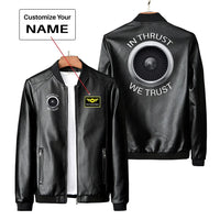 Thumbnail for In Thrust We Trust PU aviation design printed on genuine leather with quilted lining leather jacket.