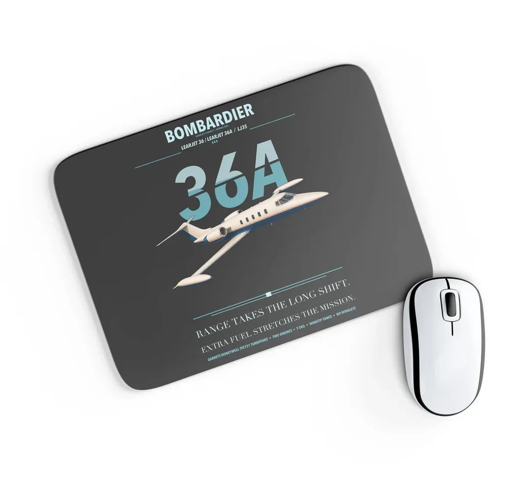 Bombardier Learjet 36A design on black rectangle mouse pad