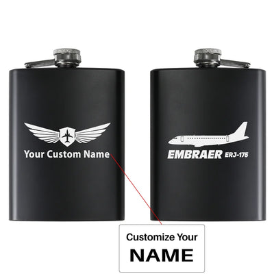 The Embraer ERJ-175 aviation design on stainless hip flask, compact pocket-size flask.