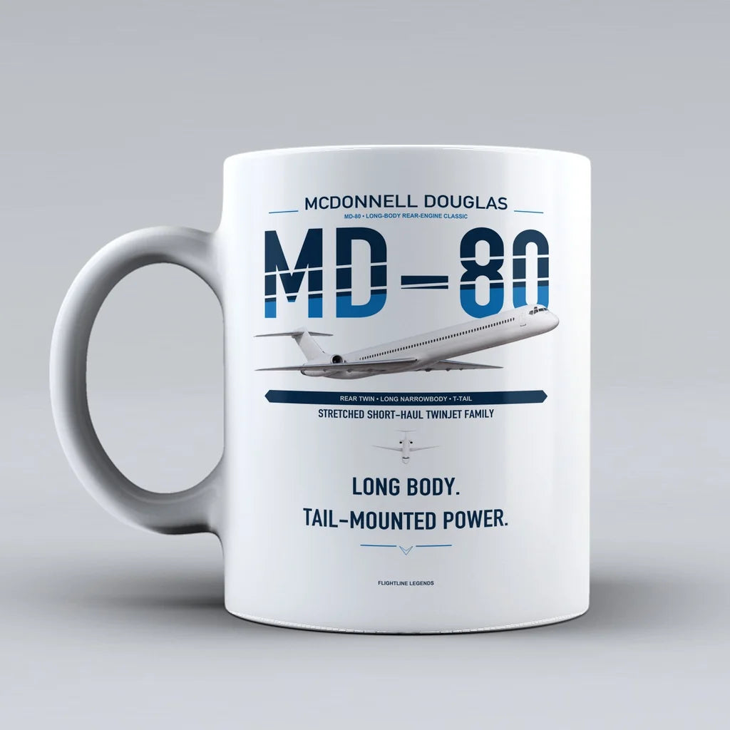 McDonnell Douglas MD-80 design on white ceramic mug, double-side print