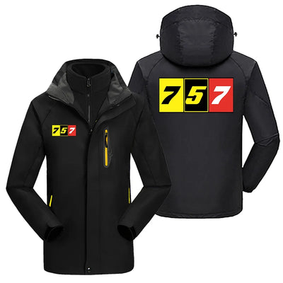 Flat Colourful 757 aviation design printed on heavyweight insulated shell with snow cuffs thick ski jacket.