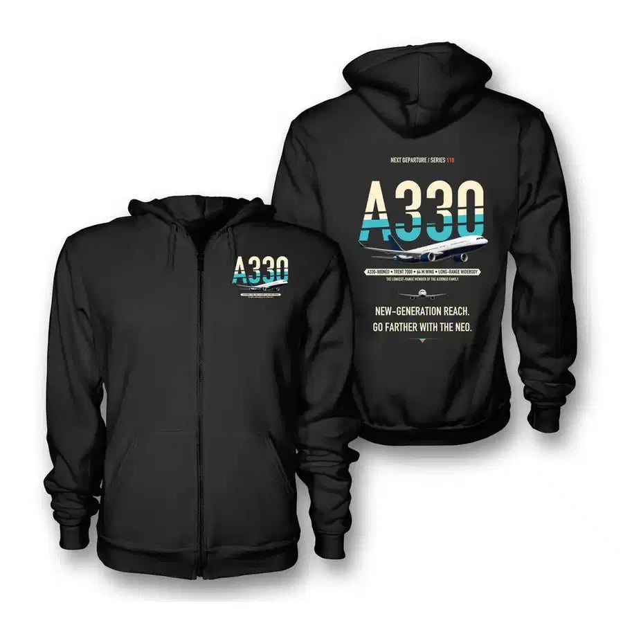 Airbus A330-800neo design on black zipped hoodie