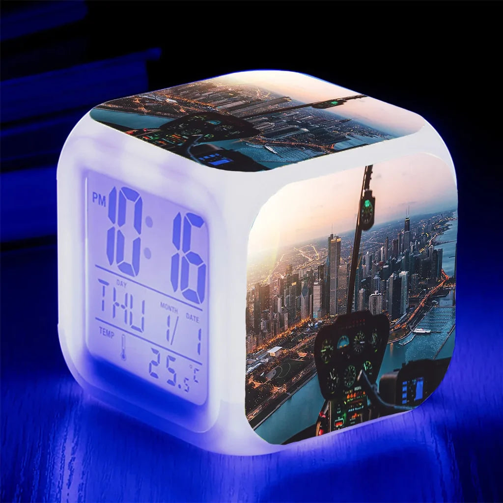 Amazing City View from Helicopter Cockpit "7 Colour" Digital Alarm aviation design on premium wood and metal table clock.