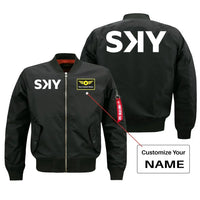 Thumbnail for SKY Airline aviation design with custom name embroidered on black bomber jacket
