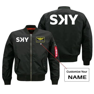 SKY Airline aviation design with custom name embroidered on black bomber jacket