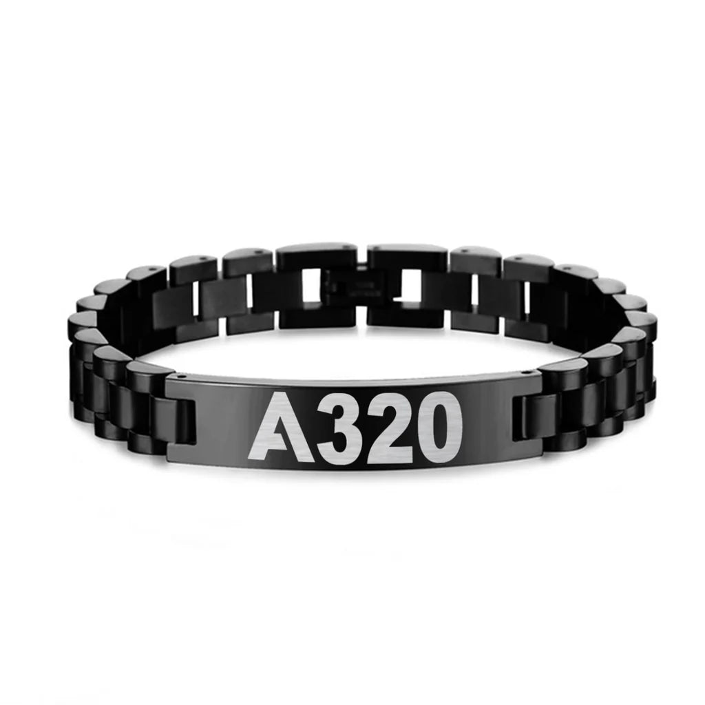 Airbus A320 Flat Text aviation-themed chain bracelet, polished stainless steel.