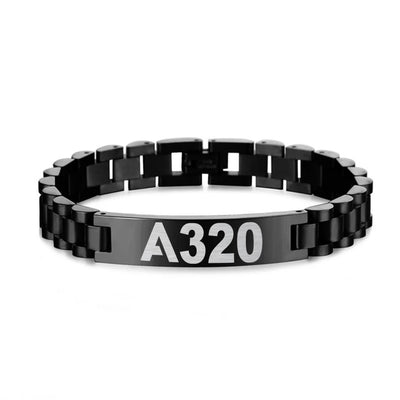 Airbus A320 Flat Text aviation-themed chain bracelet, polished stainless steel.