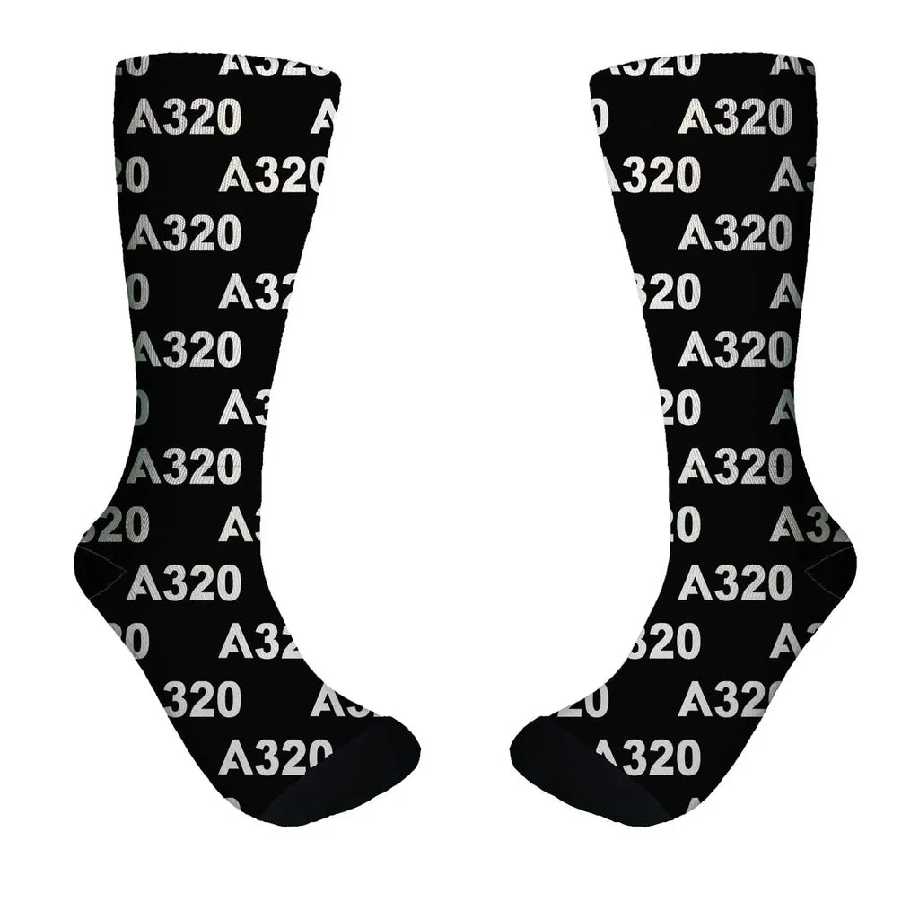 Airbus A320 Flat Text aviation design on soft cotton blend socks.