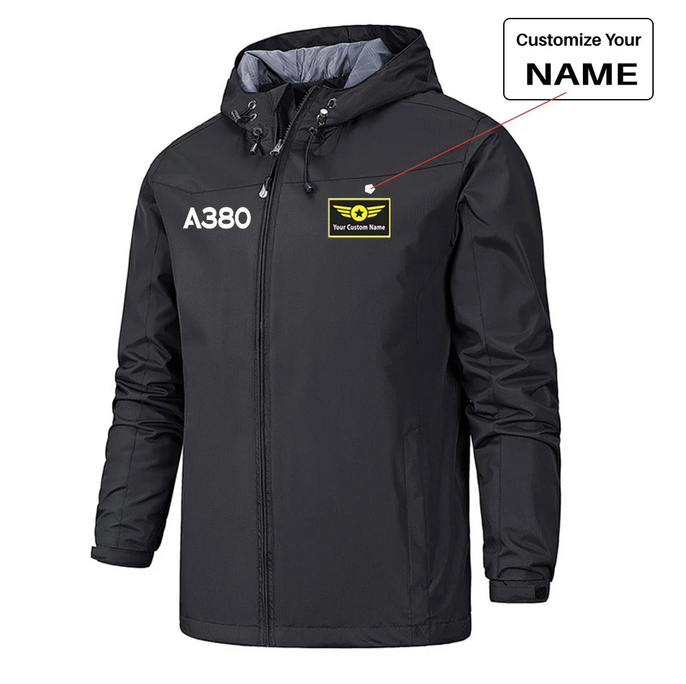 Airbus A380 Flat Text Rain Jackets & Windbreakers aviation design printed on waterproof shell with sealed seams small-logo ra.