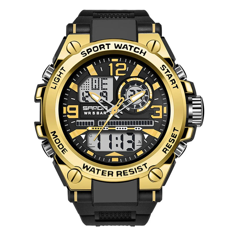 Side view of Shock Resistant Waterproof Digital Watch with LED Night Light aviation shock-resistant pilot watch in rugged sta.