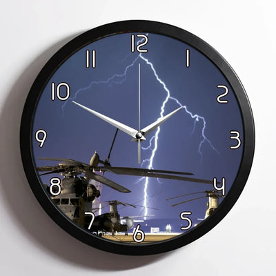Helicopter & Lighting Strike aviation design on premium wood and metal wall clock.