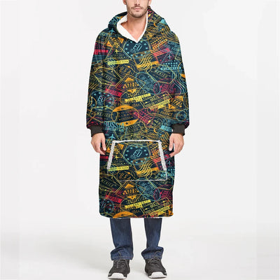 Dark Coloured Passport Stamps aviation design on soft fleece blanket hoodie.
