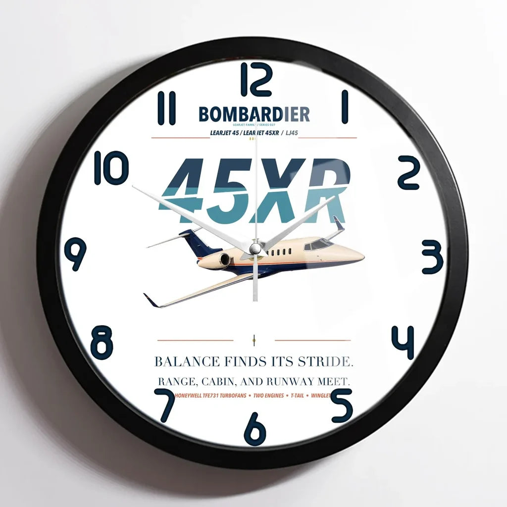 Bombardier Learjet 45XR design on white framed wall clock