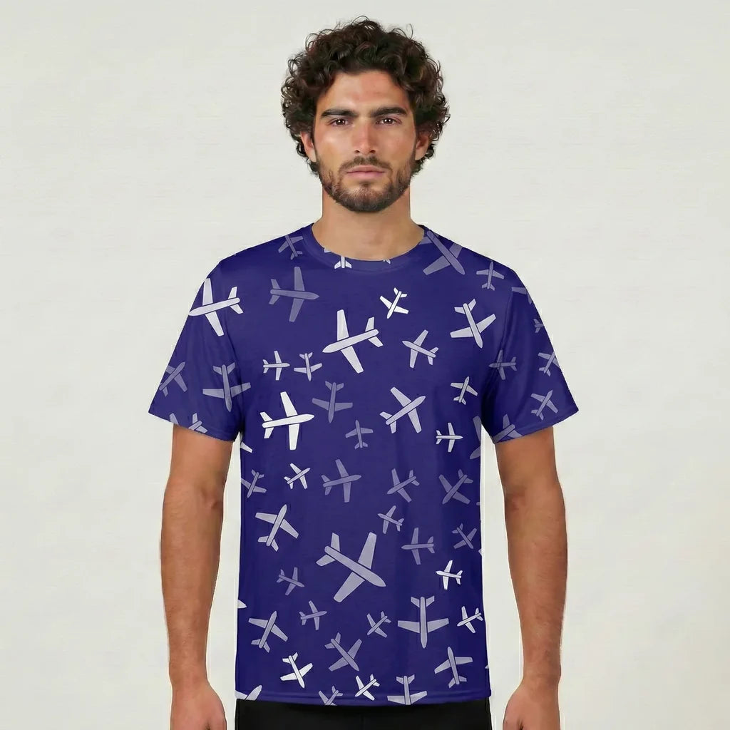 Different Sizes Seamless Airplanes aviation design printed on soft cotton 3D-print T-shirt.