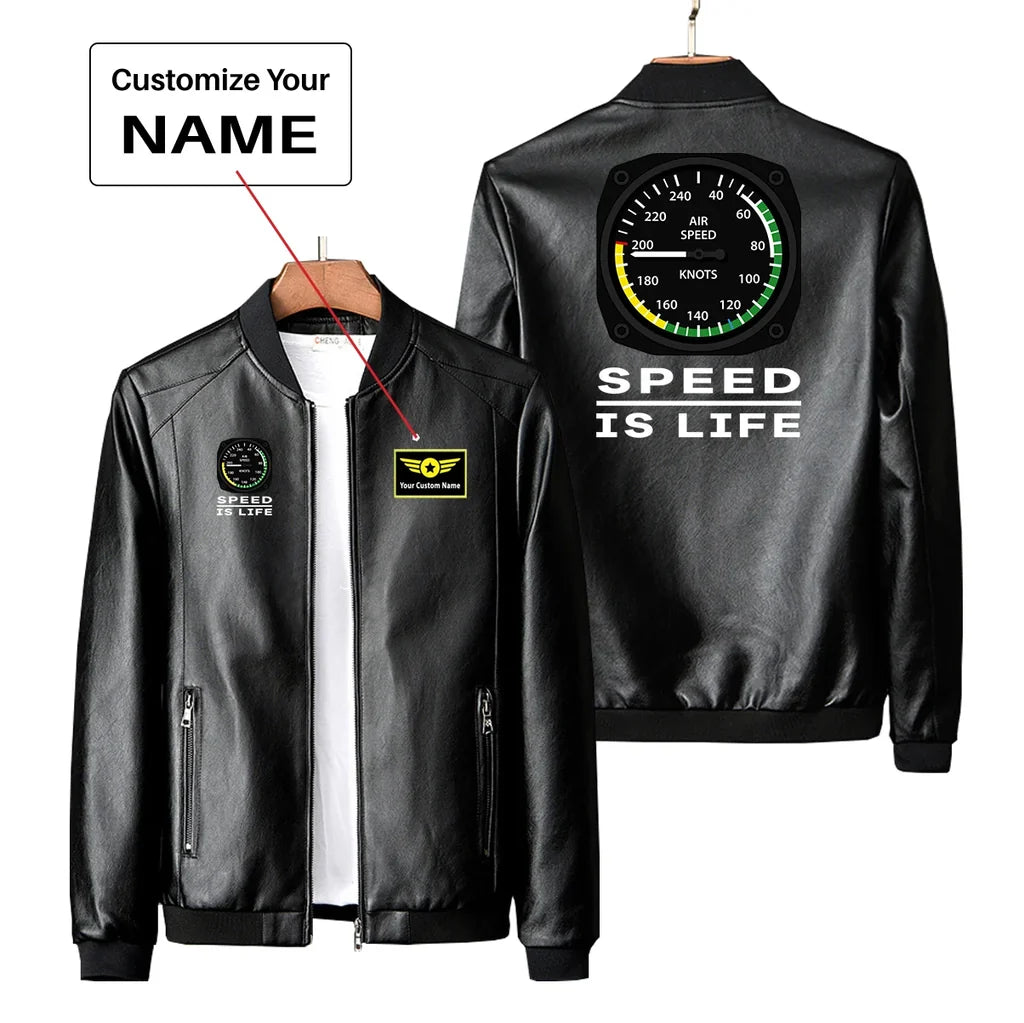 Speed Is Life PU aviation design printed on genuine leather with quilted lining leather jacket.