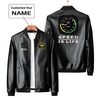 Speed Is Life PU aviation design printed on genuine leather with quilted lining leather jacket.